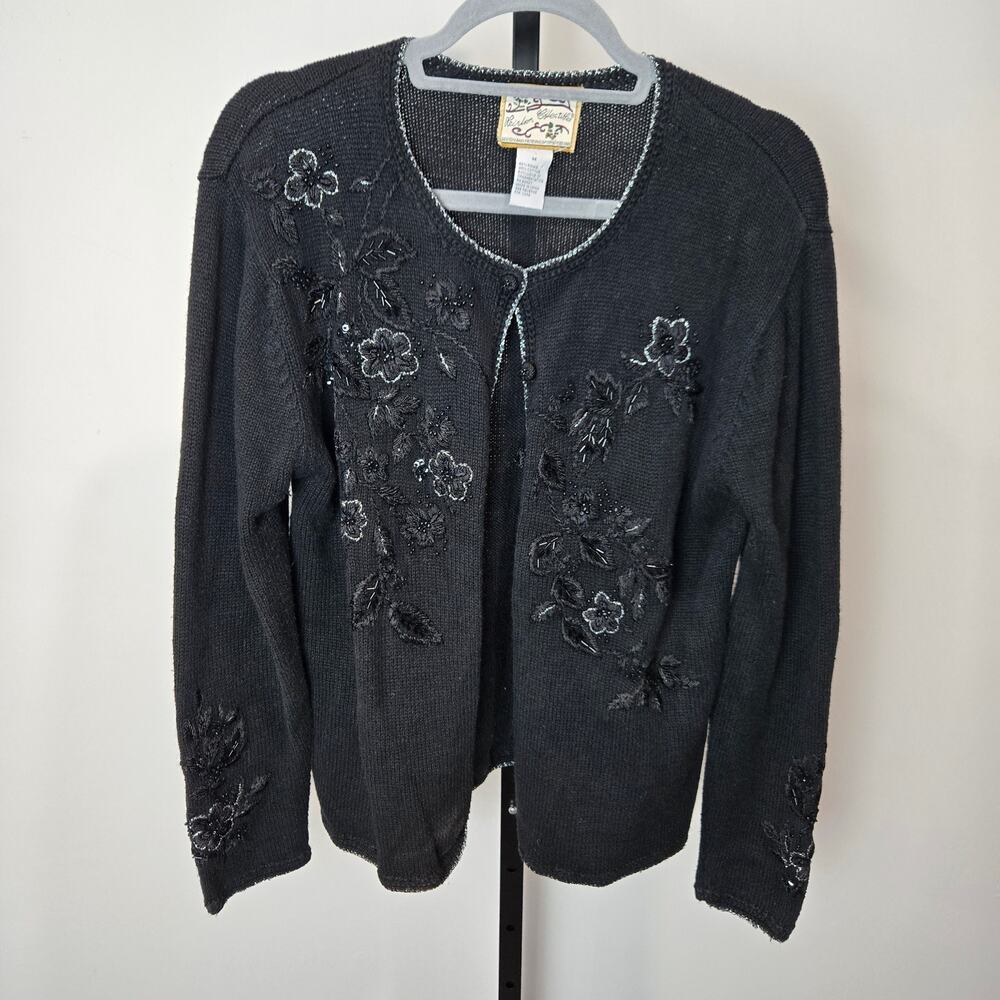 Vintage Heirloom Collectibles Black Beaded Sweater Black Floral Embroidered Knit